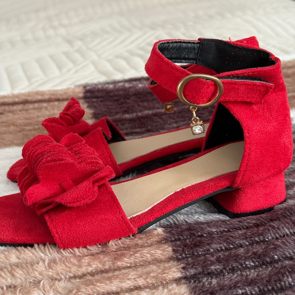 Red Suede Ankle Strap Block Heel Sandals